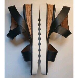 Franco Sarto Sandals Sz 9 Black Leather Strappy Wedge Cork Heel Casual $129
